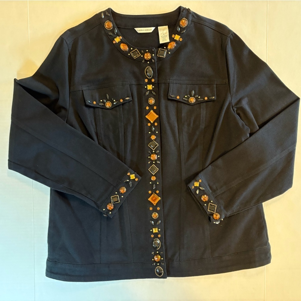 Laura Ashley cotton blend black denim snap closure jacket gemstone accent XL NWT